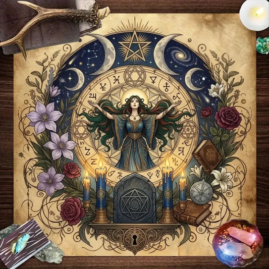 Beige Goddess Magic Circle Altar Cloth with astrology symbols and floral runes – Pagan tarot meditation mat