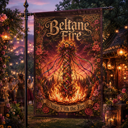 Beltane Fire house flag with Dance with the Fire Maypole pagan design