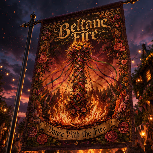 Beltane Fire house flag mockup hanging outdoors as pagan decor