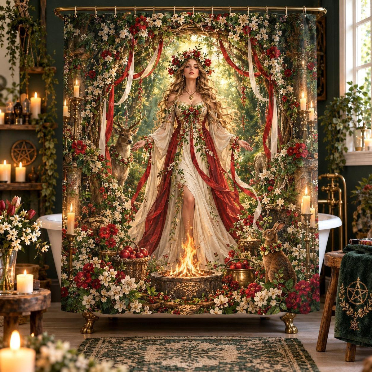 Beltane Shower Curtain - May Queen Pagan Goddess Fire Decor