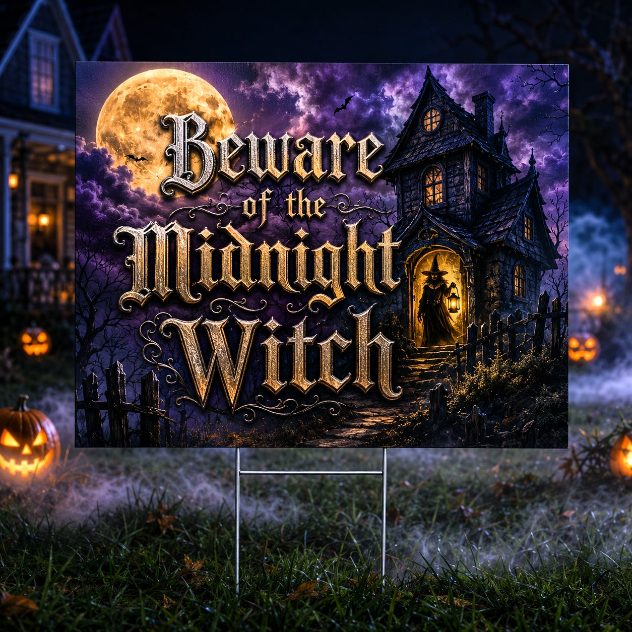 Beware Midnight Witch Halloween Gothic Yard Sign - front view