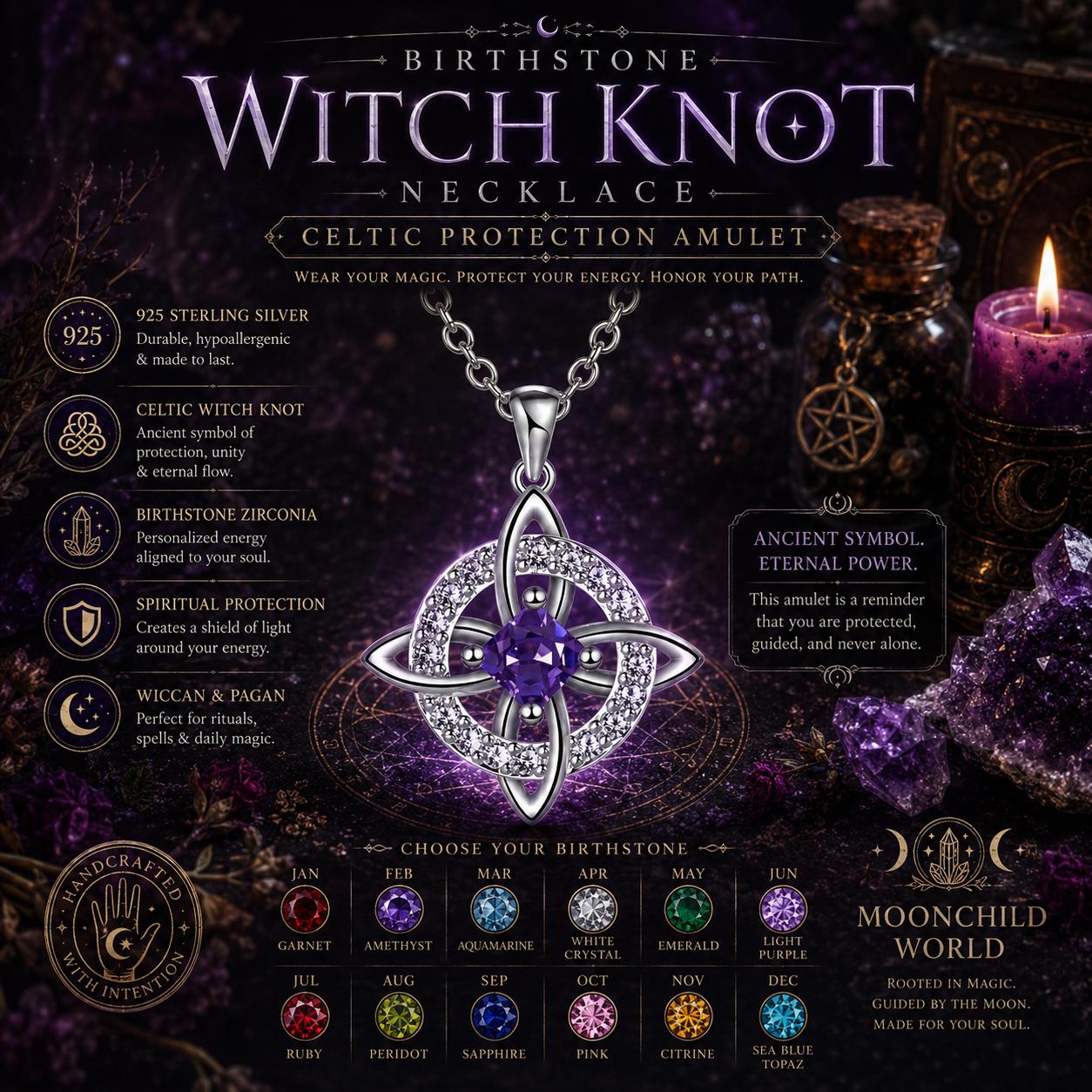 Celtic Witch Knot necklace with birthstone zirconia, 925 sterling silver, spiritual protection amulet for Wiccan rituals