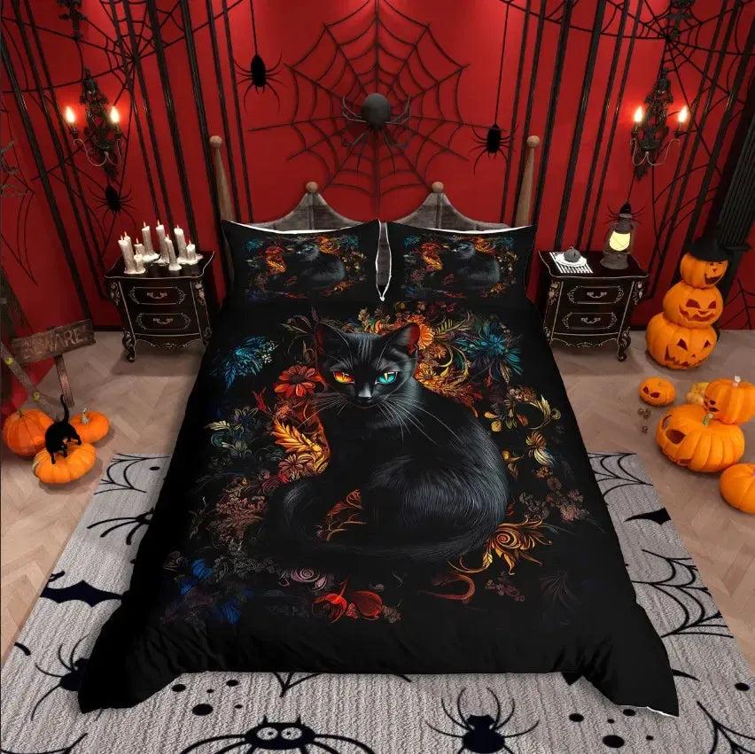 Black Cat Bedding Set Witchy Cat Duvet Cover Set Gothic Home Decor-MoonChildWorld