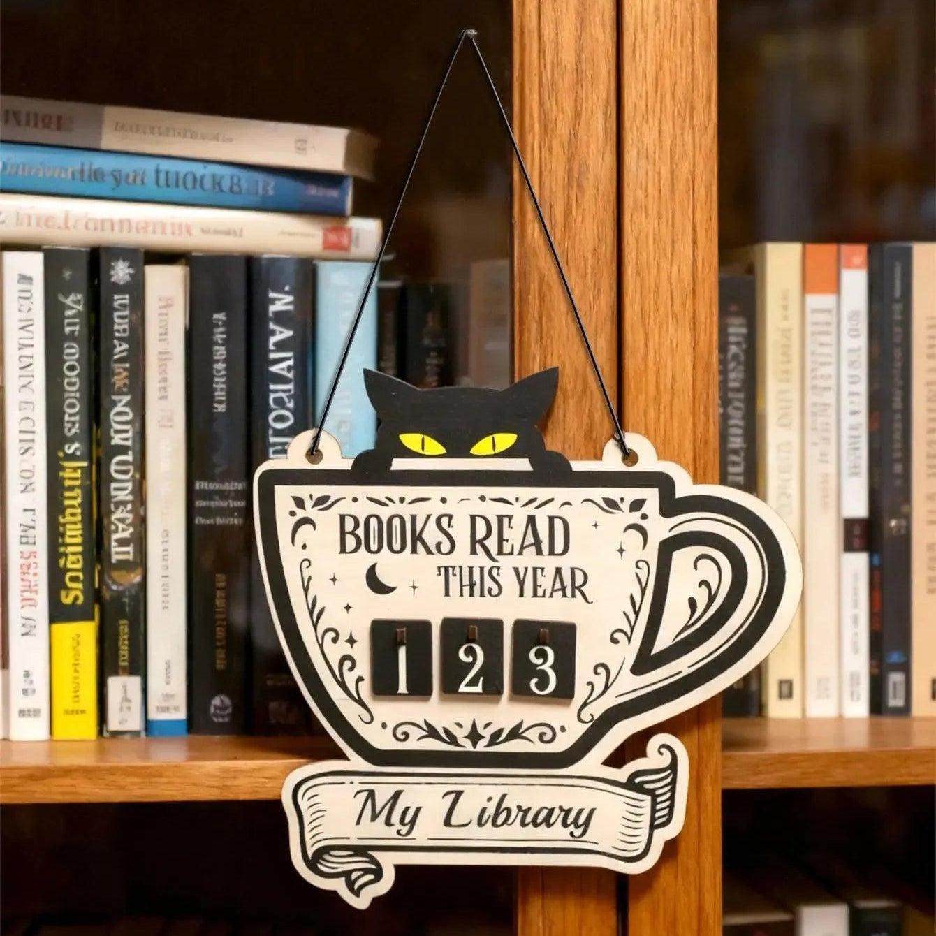 Black Cat Book Tracker Sign Occult Cat Wall Hanging Decor with Counting Blocks-MoonChildWorld