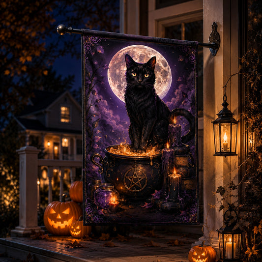 Close-up of Black Cat Cauldron house flag showing cauldron and pentacle artwork