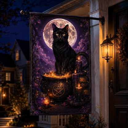 Black Cat Cauldron house flag with Full Moon Pentacle witch design