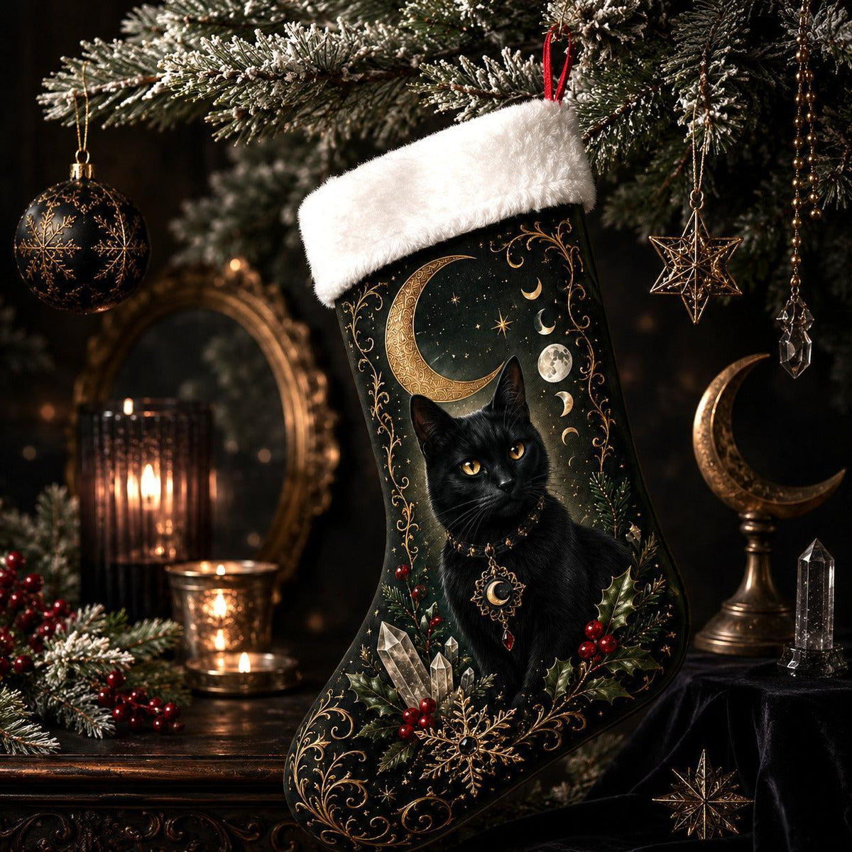 Black Cat Crescent Christmas Stocking Witchy Yule Cat Decor, styled shot 3