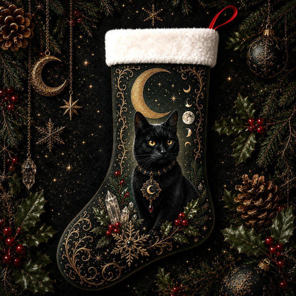 Black Cat Crescent Christmas Stocking Witchy Yule Cat Decor, styled shot 4