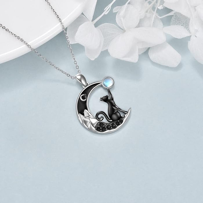 Black Cat Crystal Moon Necklace Moonstone Witchy Black Cat Necklace-MoonChildWorld