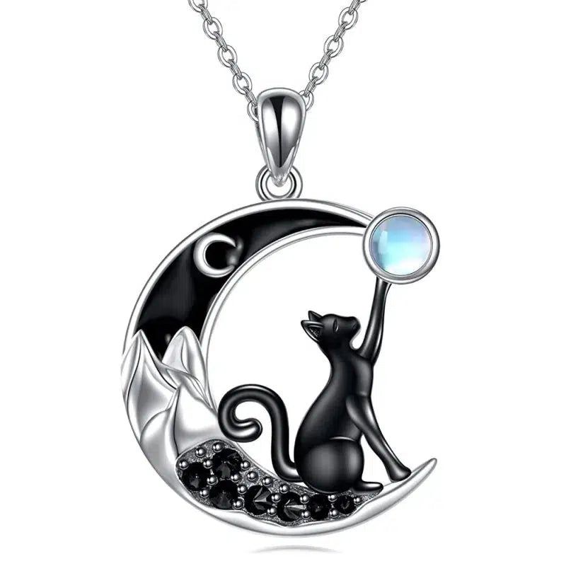 Black Cat Crystal Moon Necklace Moonstone Witchy Black Cat Necklace-MoonChildWorld