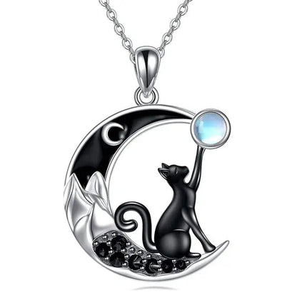 Black Cat Crystal Moon Necklace Moonstone Witchy Black Cat Necklace-MoonChildWorld