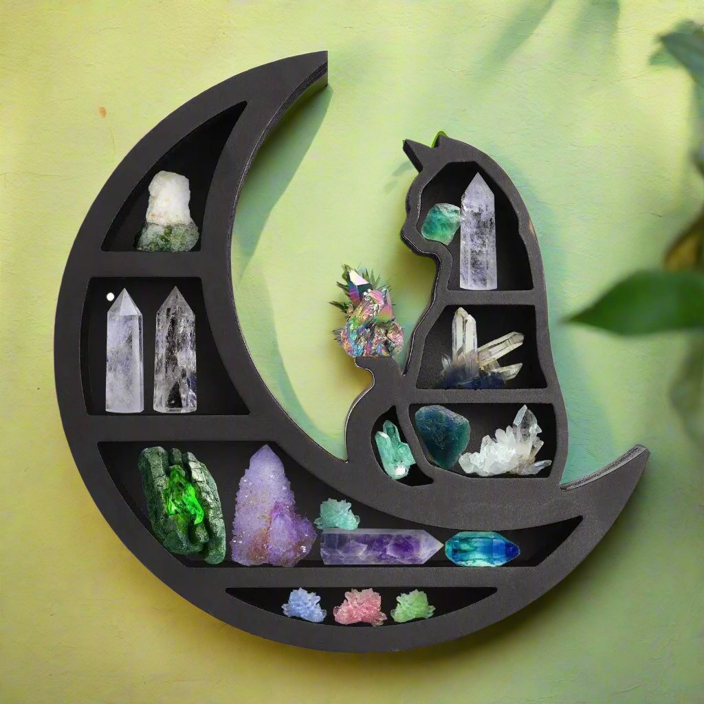 Black Cat Crystal Shelf Witchy Wooden Shelf-MoonChildWorld