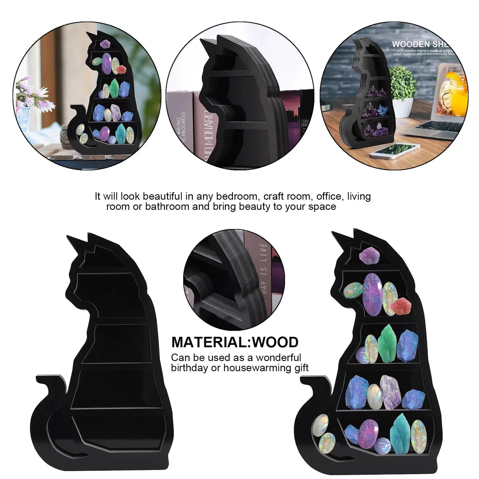 Black Cat Crystal Shelf Witchy Wooden Shelf-MoonChildWorld
