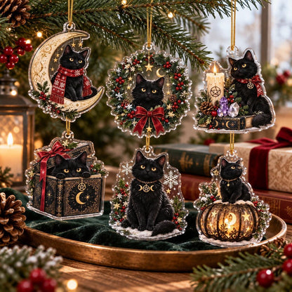 Black Cat Familiar Yule Acrylic Ornament Set – Witchy Christmas Decor – set of 6, another view