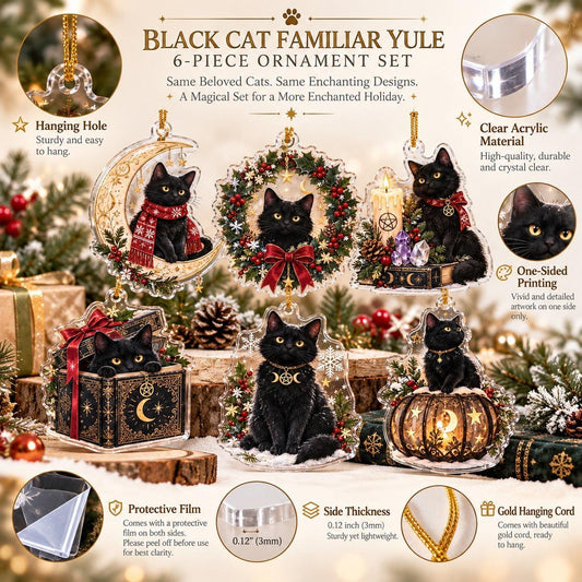 Black Cat Familiar Yule Acrylic Ornament Set – Witchy Christmas Decor – ornament size and details