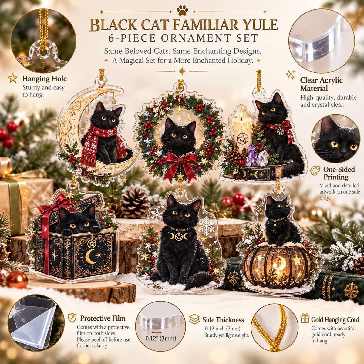 Black Cat Familiar Yule Acrylic Ornament Set – Witchy Christmas Decor – ornament size and details