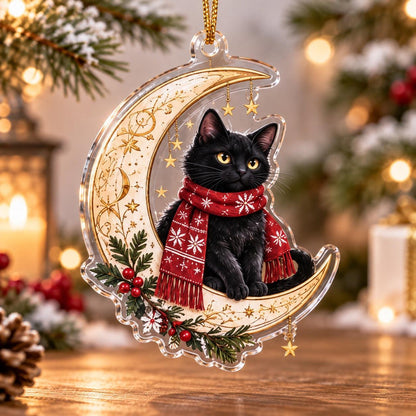 Black Cat Familiar Yule Acrylic Ornament Set – Witchy Christmas Decor – Crescent Scarf Cat ornament