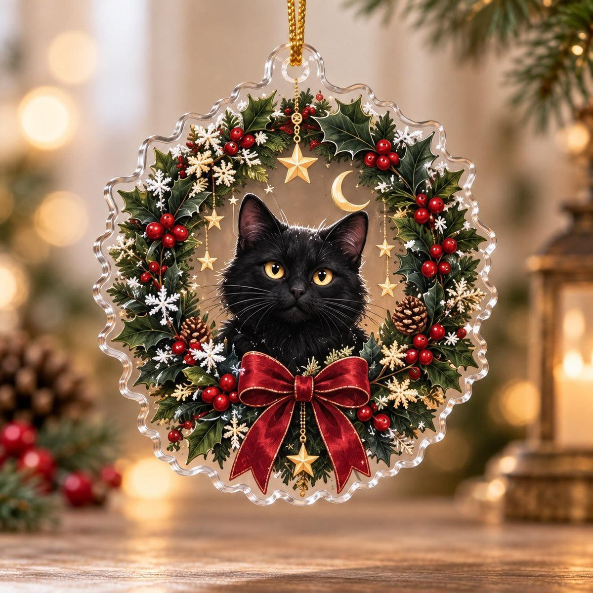 Black Cat Familiar Yule Acrylic Ornament Set – Witchy Christmas Decor – Holly Wreath Cat ornament