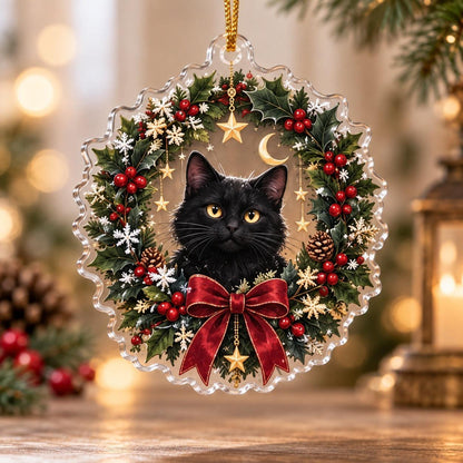 Black Cat Familiar Yule Acrylic Ornament Set – Witchy Christmas Decor – Holly Wreath Cat ornament