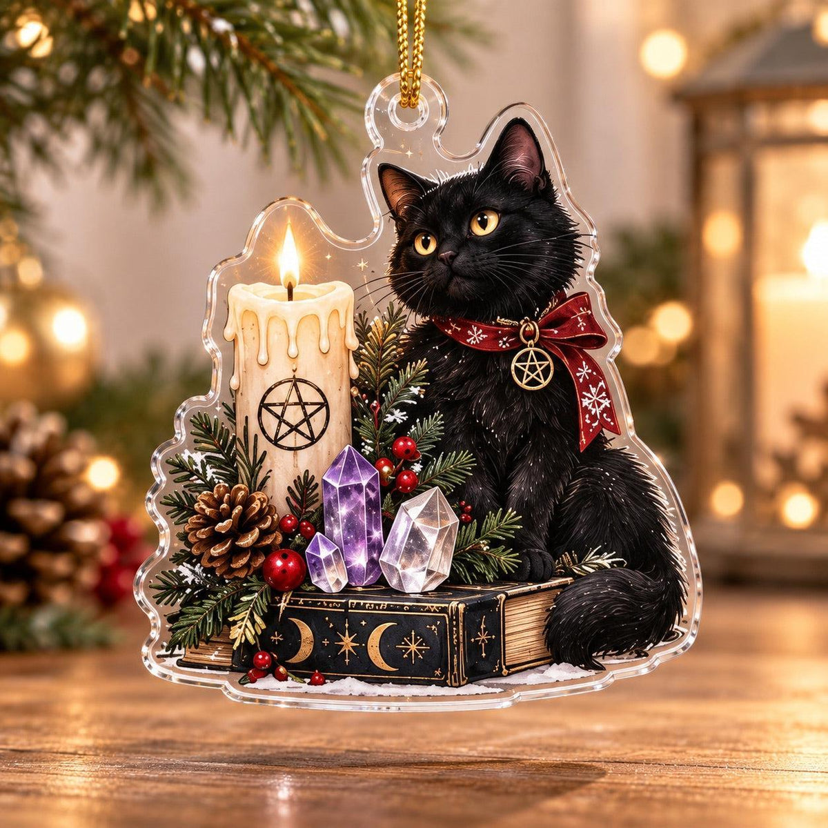 Black Cat Familiar Yule Acrylic Ornament Set – Witchy Christmas Decor – Pentacle Candle Cat ornament