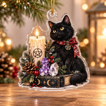 Black Cat Familiar Yule Acrylic Ornament Set – Witchy Christmas Decor – Pentacle Candle Cat ornament