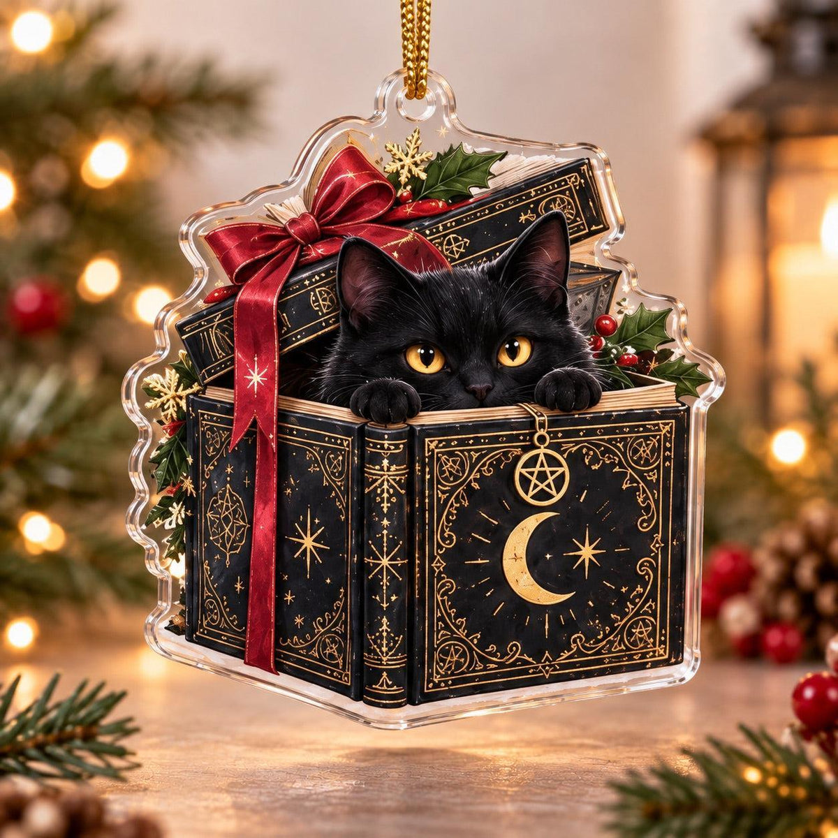 Black Cat Familiar Yule Acrylic Ornament Set – Witchy Christmas Decor – Spell Box Cat ornament