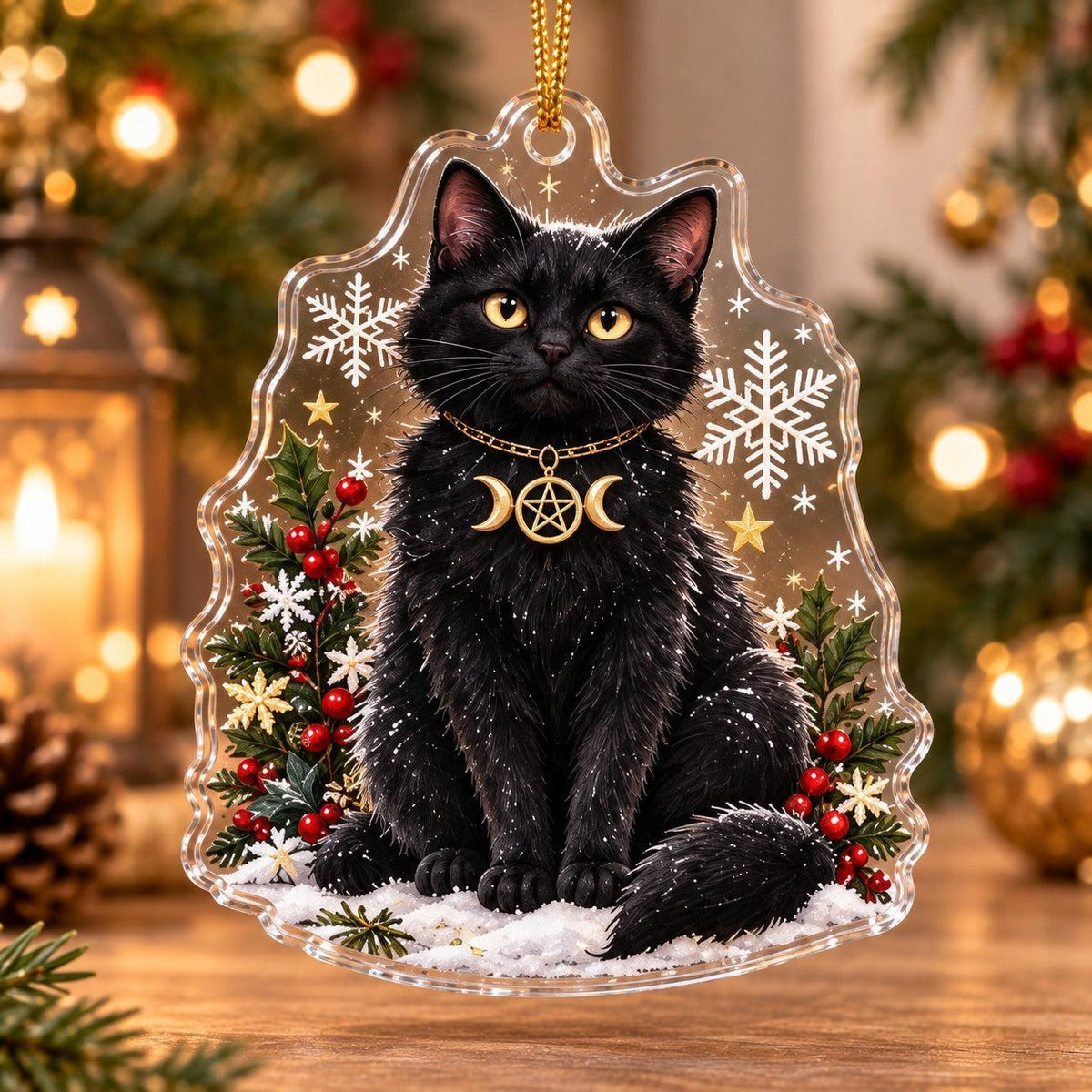 Black Cat Familiar Yule Acrylic Ornament Set – Witchy Christmas Decor – Triple Moon Cat ornament
