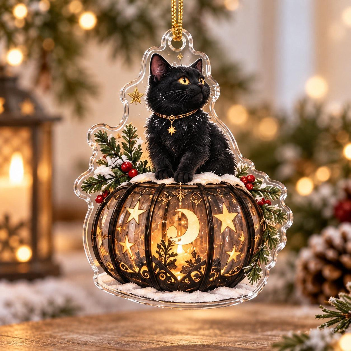 Black Cat Familiar Yule Acrylic Ornament Set – Witchy Christmas Decor – Pumpkin Lantern Cat ornament