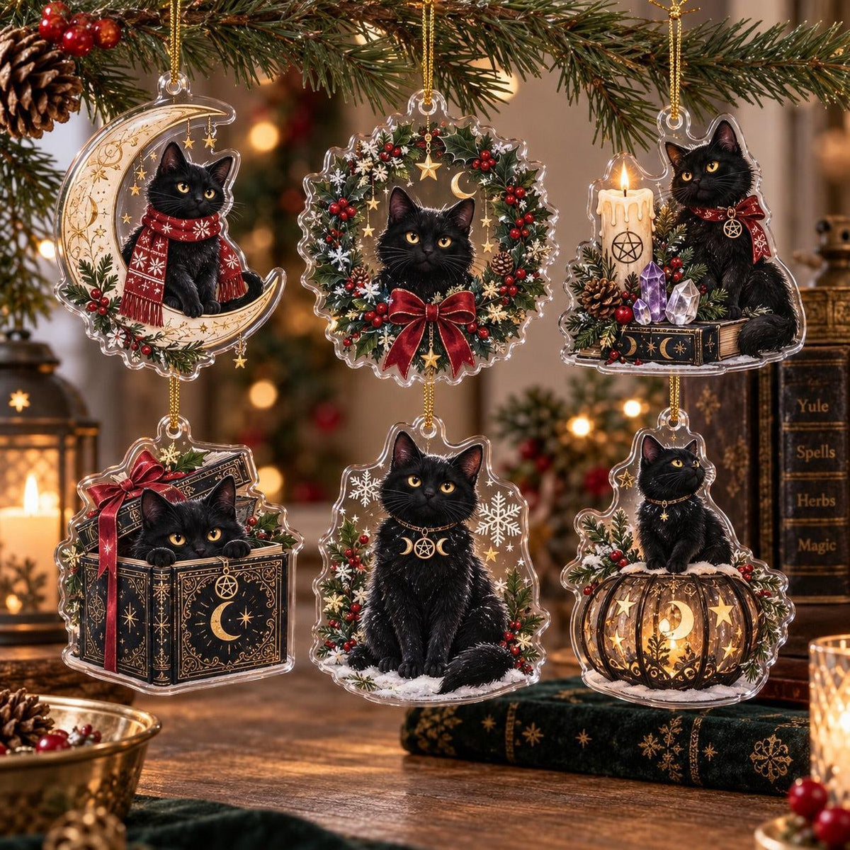 Black Cat Familiar Yule Acrylic Ornament Set – Witchy Christmas Decor – set of 6, another view
