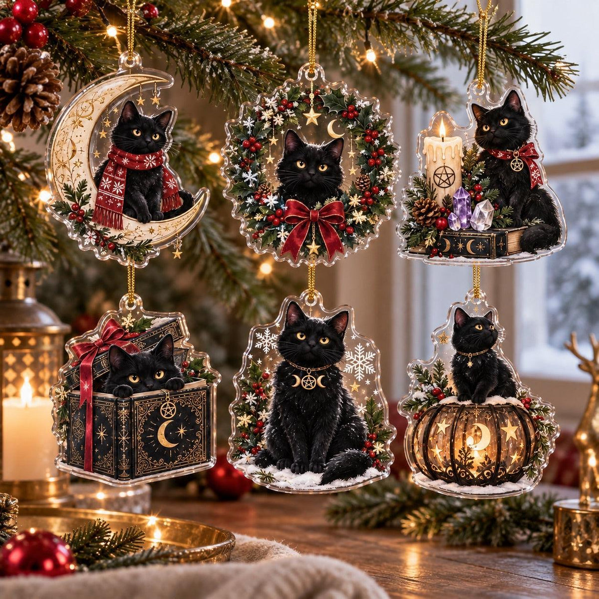 Black Cat Familiar Yule Acrylic Ornament Set – Witchy Christmas Decor – set of 6 acrylic ornaments