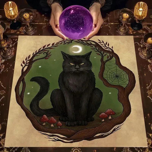 Black Cat Forest Night Tarot Tablecloth – Mystical Altar Cloth for Divination, Meditation & Halloween Decor-MoonChildWorld