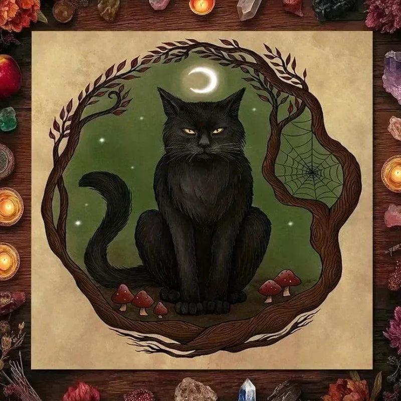 Black Cat Forest Night Tarot Tablecloth – Mystical Altar Cloth for Divination, Meditation & Halloween Decor-MoonChildWorld