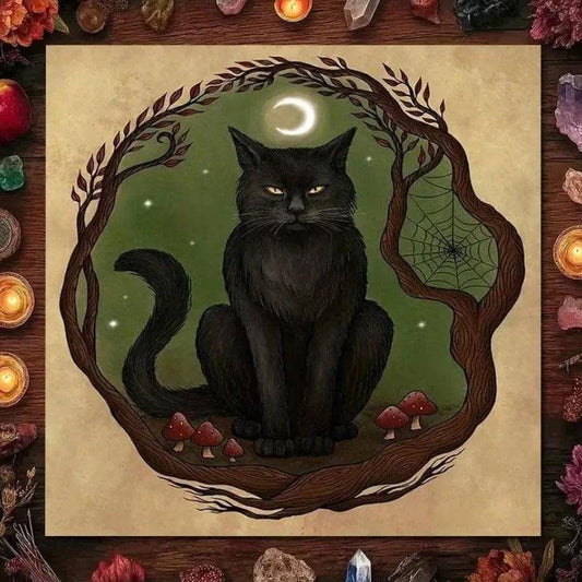 Black Cat Forest Night Tarot Tablecloth – Mystical Altar Cloth for Divination, Meditation & Halloween Decor-MoonChildWorld