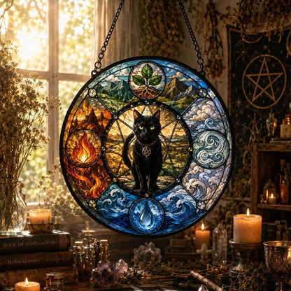 Black Cat Four Elements Glass Suncatcher - sunlight glow