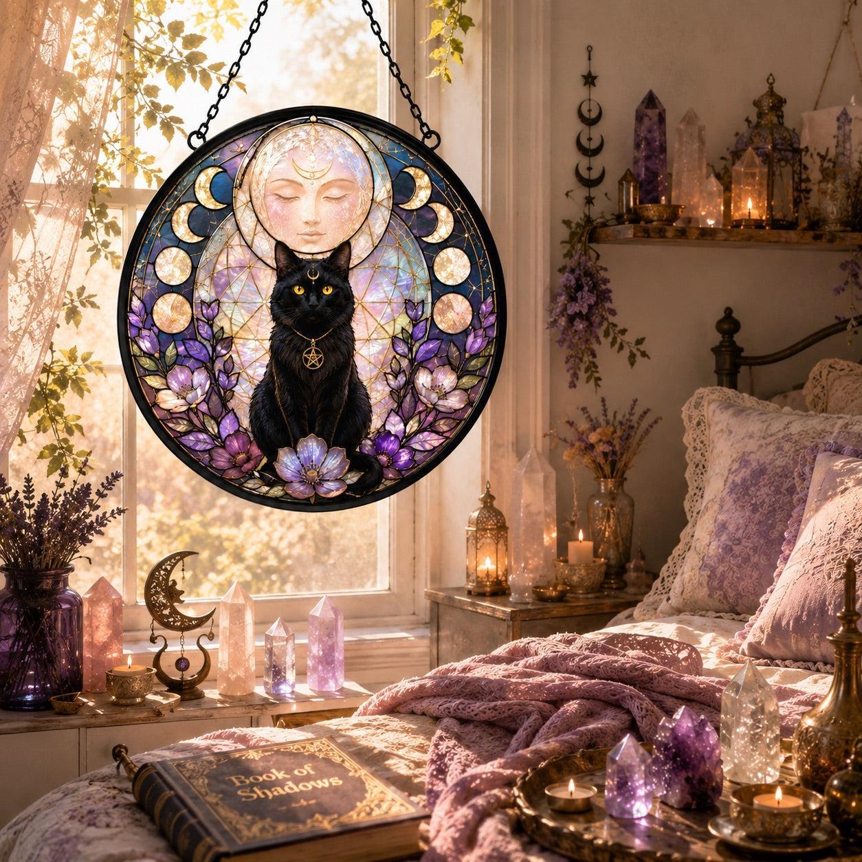 Black Cat Goddess Moon Glass Suncatcher - sunlight glow