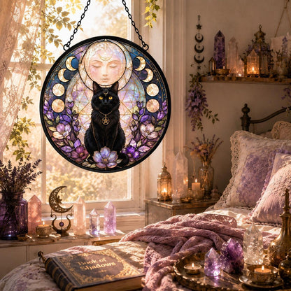 Black Cat Goddess Moon Glass Suncatcher - sunlight glow