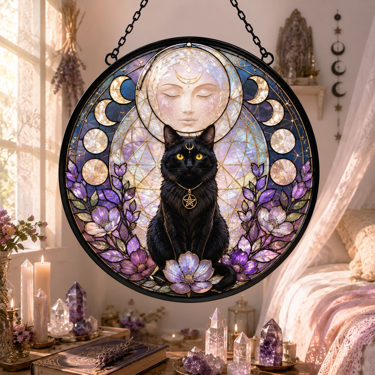 Black Cat Goddess Moon Glass Suncatcher - window display