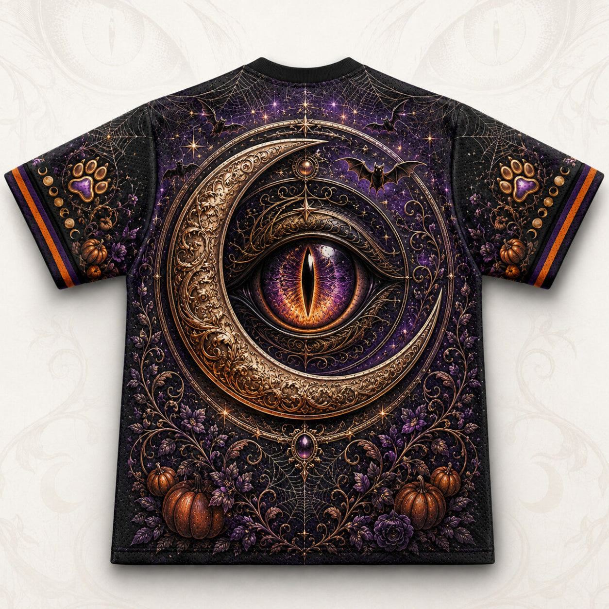 Black Cat Gold Crescent T-Shirt Cat Eye Pumpkin Purple Tee back view