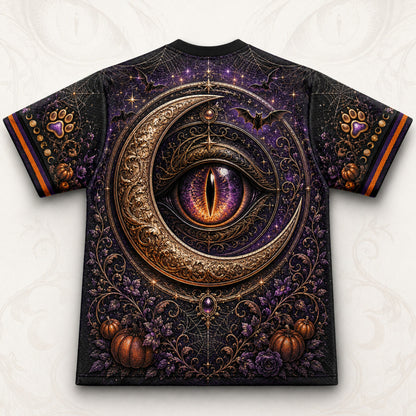 Black Cat Gold Crescent T-Shirt Cat Eye Pumpkin Purple Tee back view