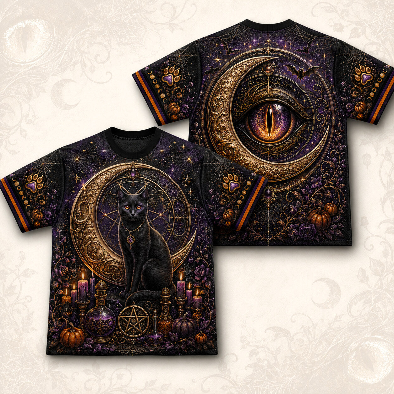 Black Cat Gold Crescent T-Shirt Cat Eye Pumpkin Purple Tee front and back together