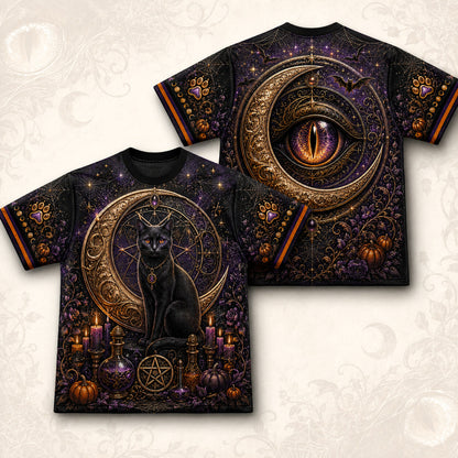 Black Cat Gold Crescent T-Shirt Cat Eye Pumpkin Purple Tee front and back together