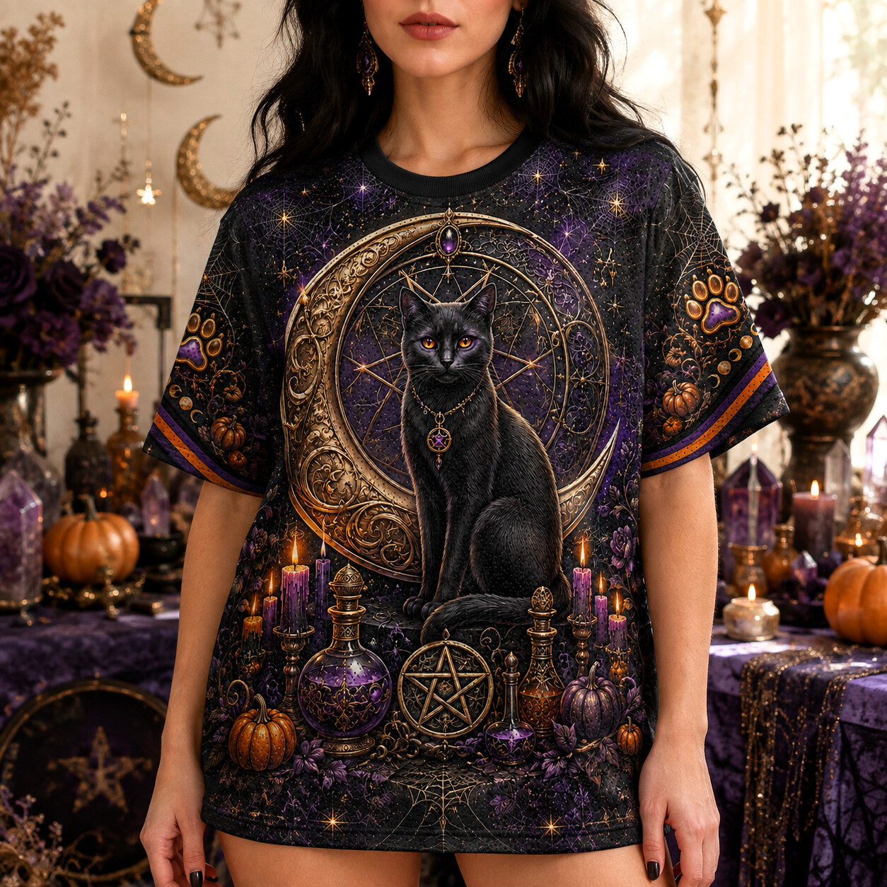 Black Cat Gold Crescent T-Shirt Cat Eye Pumpkin Purple Tee worn, front view