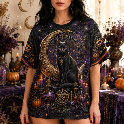 Black Cat Gold Crescent T-Shirt Cat Eye Pumpkin Purple Tee worn, front view