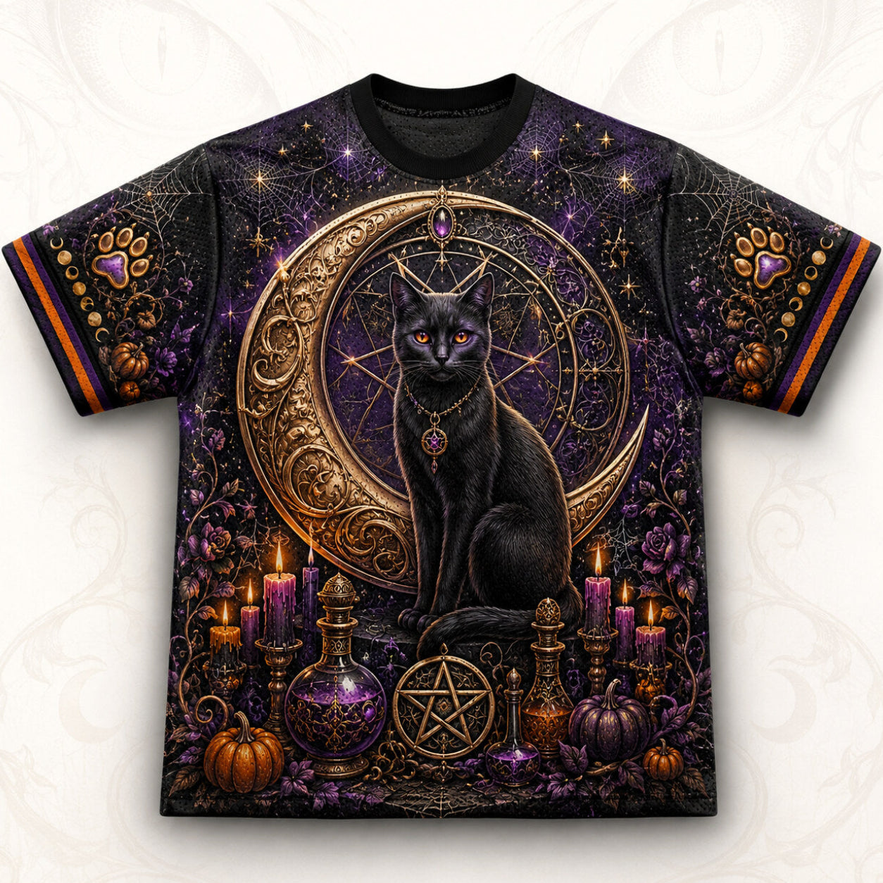 Black Cat Gold Crescent T-Shirt Cat Eye Pumpkin Purple Tee front view