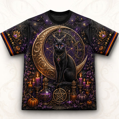 Black Cat Gold Crescent T-Shirt Cat Eye Pumpkin Purple Tee front view