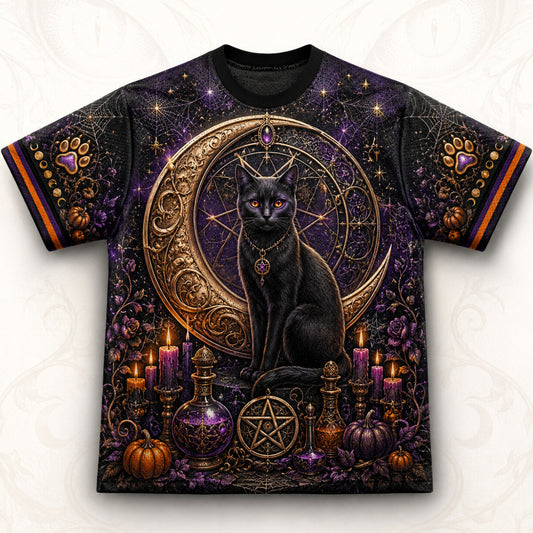 Black Cat Gold Crescent T-Shirt Cat Eye Pumpkin Purple Tee front view