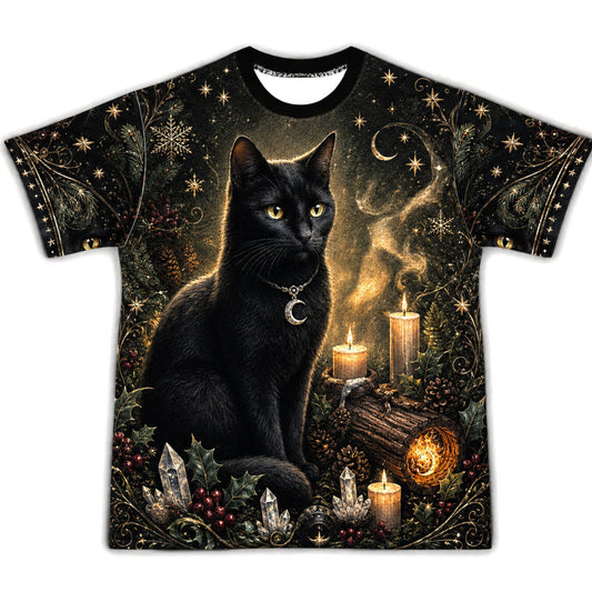 Black Cat Yule Log T-Shirt Gold Crescent Candle Winter Tee front view