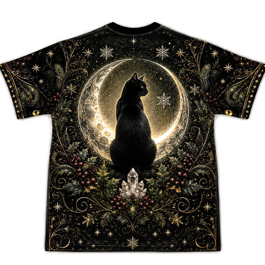 Black Cat Yule Log T-Shirt Gold Crescent Candle Winter Tee back view
