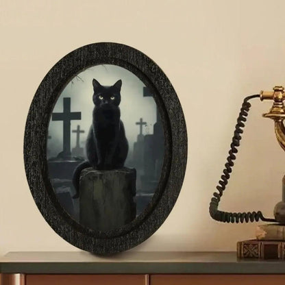 Black Cat Gothic Wooden Oval Frame - Halloween Oval Wall Art for Witch Home Decor-MoonChildWorld