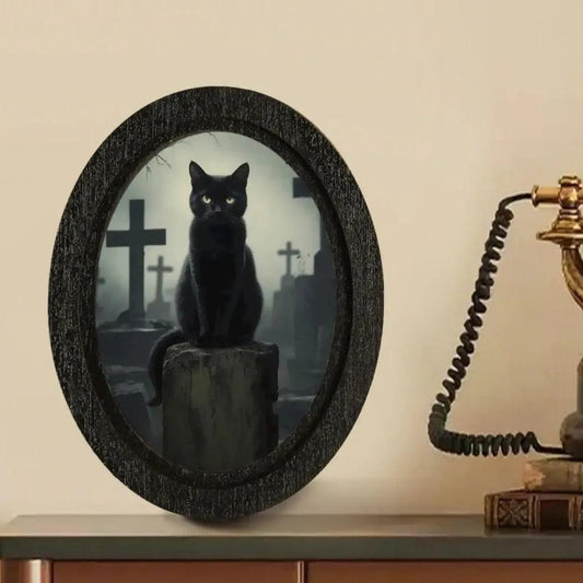 Black Cat Gothic Wooden Oval Frame - Halloween Oval Wall Art for Witch Home Decor-MoonChildWorld